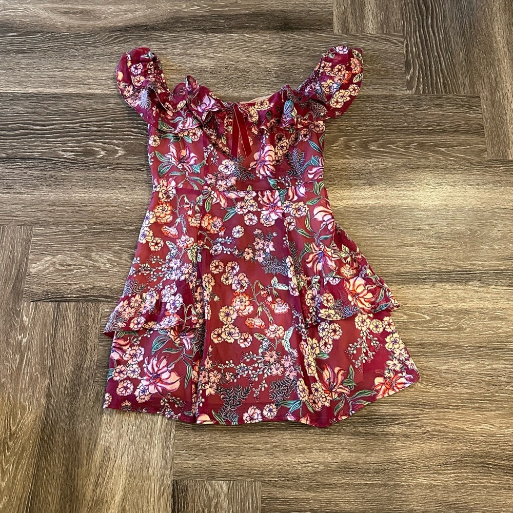 For Love & Lemons Flora Pink/Red Off the Shoulder Mini Dress Size M